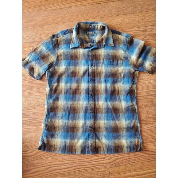 Eddie Bauer Shirt Mens Size Large 90s Plaid Short Sleeve Browns Blue Thick READ - Picture 1 of 10